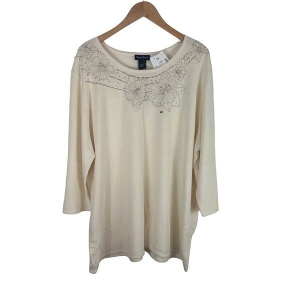 Maggie Barnes‎ Tunic Sweater Womens 3X Ivory Floral Beaded Bling New 3/4 Sleeve